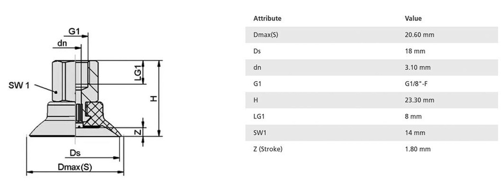Suction cup; 18mm; 6.1g; G 1/8 F; Shore hardness: 55; 0.37cm3; SUF