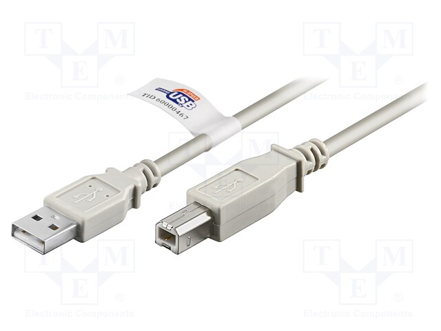 Cable; USB 2.0; USB A plug,USB B plug; 3m; grey; Core: Cu; 480Mbps