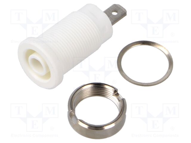 Socket; 4mm banana; 24A; white; nickel plated; screw,on panel