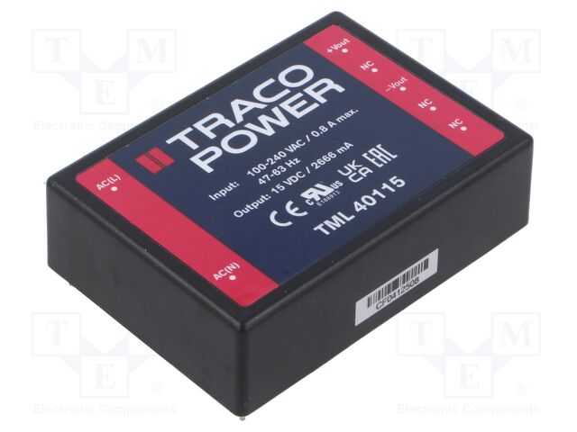 Converter: AC/DC; 40W; Uout: 15VDC; Iout: 2666mA; 84%; Mounting: PCB