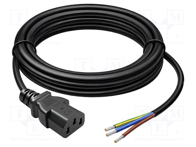 Cable; 3G0.75mm2; IEC C13 female,wires; PVC; 1.8m; black; 230V