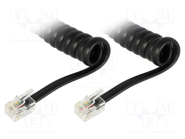 Cable: telephone; coiled,interlaced; RJ9 plug,both sides; black