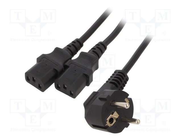 Cable; CEE 7/7 (E/F) plug angled,IEC C13 female x2; 2m; black