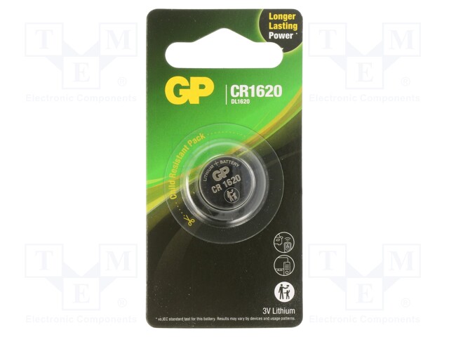 Battery: lithium; 3V; CR1620,coin; 78mAh; non-rechargeable