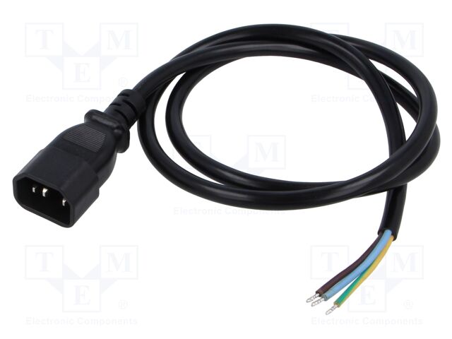 Cable; 3G1mm2; IEC C14 male,wires; PVC; 1m; black; 10A; 250V