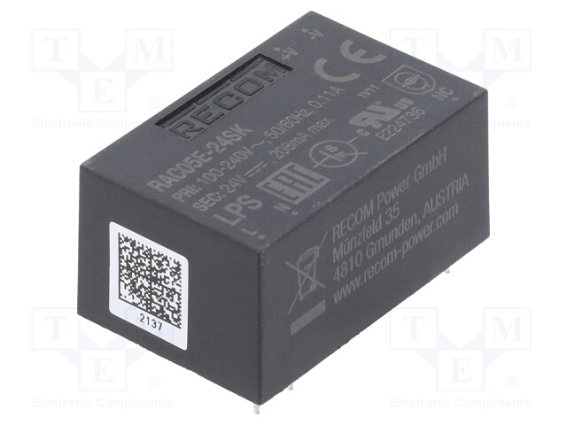 Converter: AC/DC; 5W; 90÷264VAC; Usup: 130÷370VDC; Uout: 24VDC; 80%