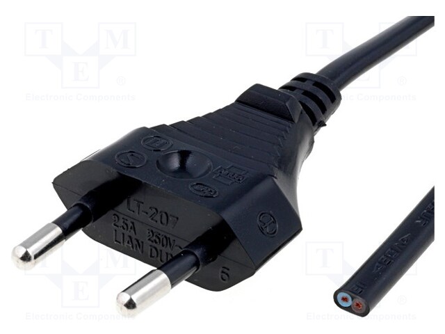 Cable; CEE 7/16 (C) plug,wires; 2.5m; black; PVC; 2x0,75mm2; 2.5A