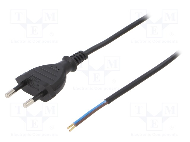 Cable; CEE 7/16 (C) plug,wires; 3m; black; PVC; 2x0,5mm2; 2.5A