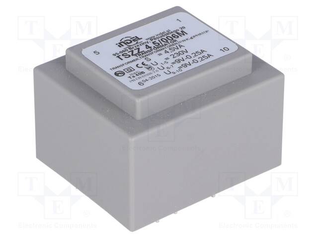 Transformer: encapsulated; 4.5VA; 230VAC; 9V; 9V; 0.25A; 0.22A; IP00