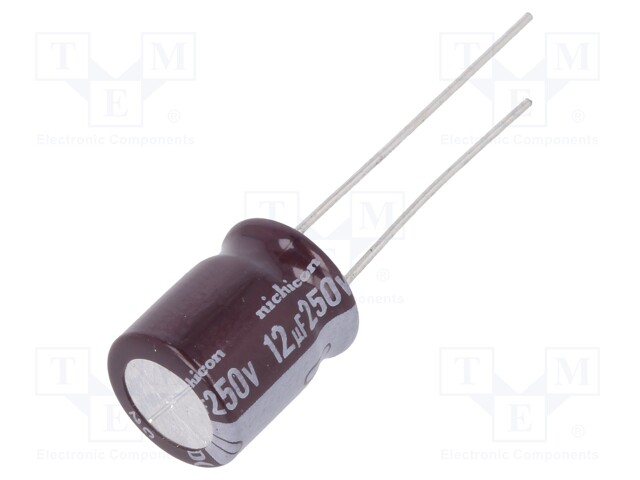 Capacitor: electrolytic; THT; 12uF; 250VDC; Ø10x12.5mm; Pitch: 5mm