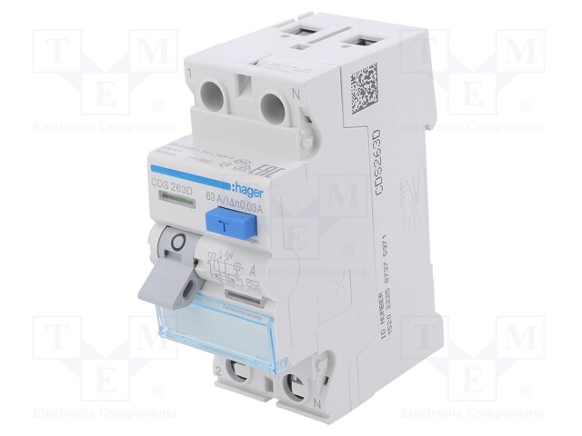 RCD breaker; Inom: 63A; Ires: 30mA; Max surge current: 250A; 240VAC