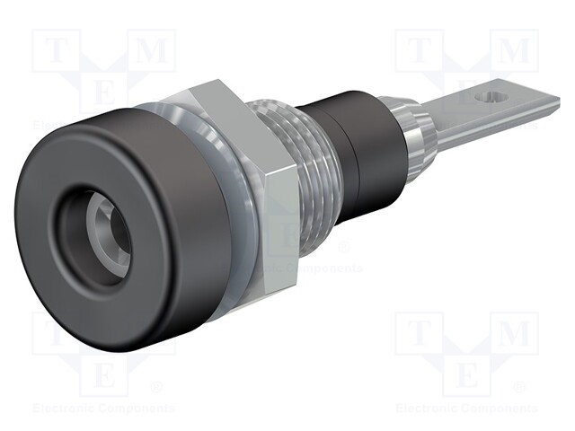 Socket; 2mm banana; 10A; 23mm; black; soldered,on panel; insulated