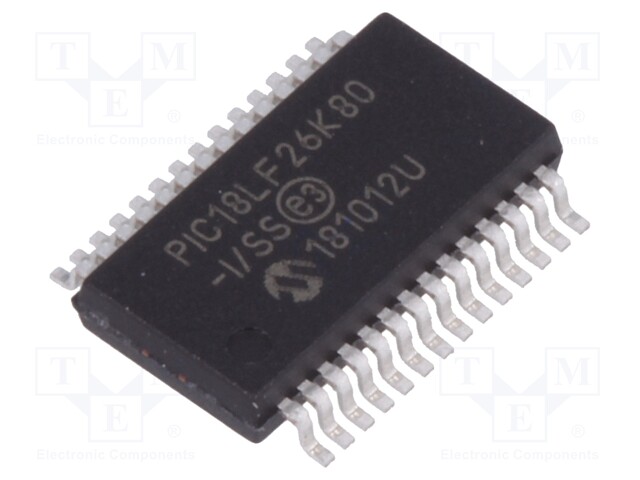 PIC microcontroller; Memory: 64kB; SRAM: 3648B; EEPROM: 1024B; SMD