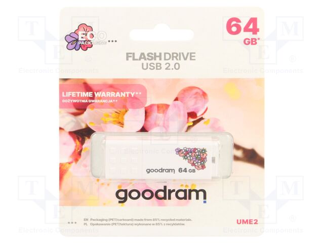 Pendrive; USB 2.0; 64GB; R: 20MB/s; W: 5MB/s; white; USB A