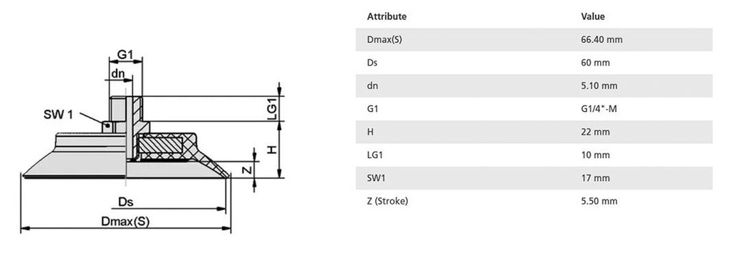 Suction cup; 60mm; 38.6g; G 1/4 M; Shore hardness: 55; 12.7cm3