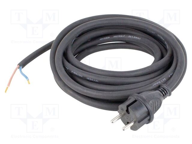 Cable; 2x1mm2; CEE 7/7 (E/F) plug,wires; rubber; 5m; black; 16A