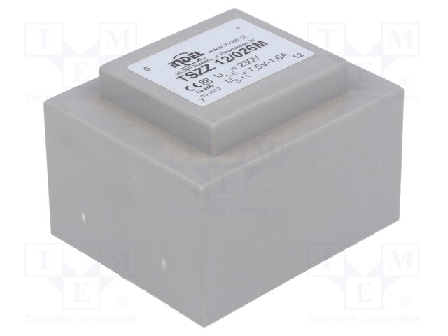 Transformer: encapsulated; 12VA; 230VAC; 7.5V; 1.6A; Mounting: PCB