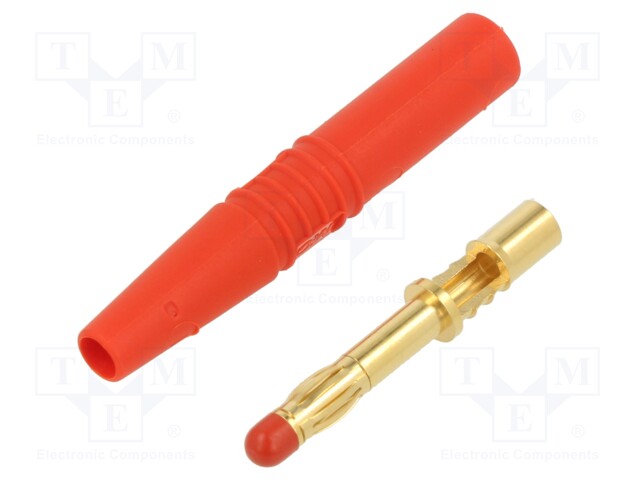 Plug; 4mm banana; 32A; 1kV; red; insulated; 2.5mm2; gold-plated