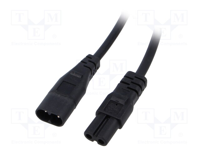 Cable; 2x0.5mm2; IEC C7 female,IEC C8 male; PVC; 1.5m; black; 2.5A