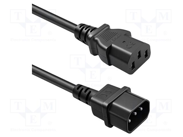 Cable; 3G1mm2; IEC C13 female,IEC C14 male; PVC; 3m; black; 230V