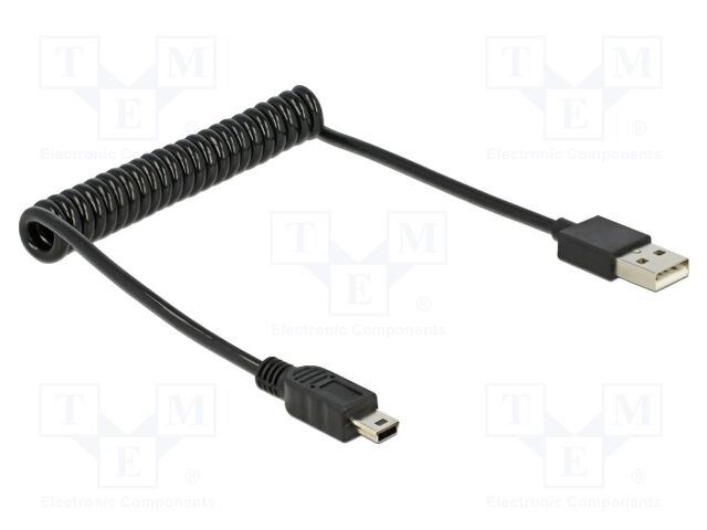 Cable; coiled,USB 2.0; USB A plug,USB B mini plug; black; 28AWG