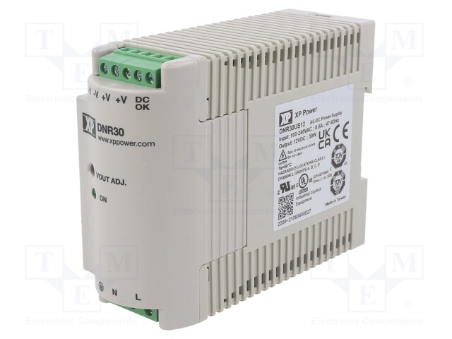 AC/DC DIN Rail Power Supply (PSU), ITE, 1 Output, 30 W, 12 VDC, 2.5 A