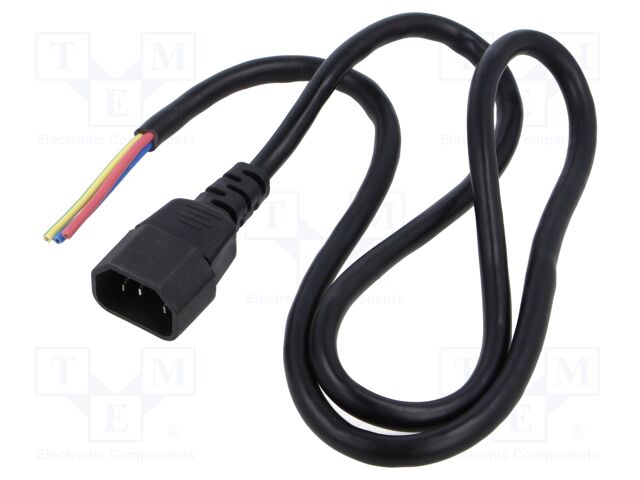 Cable; 3x1mm; IEC C14 male,wires; PVC; Len: 1m; black; 10A; 250V