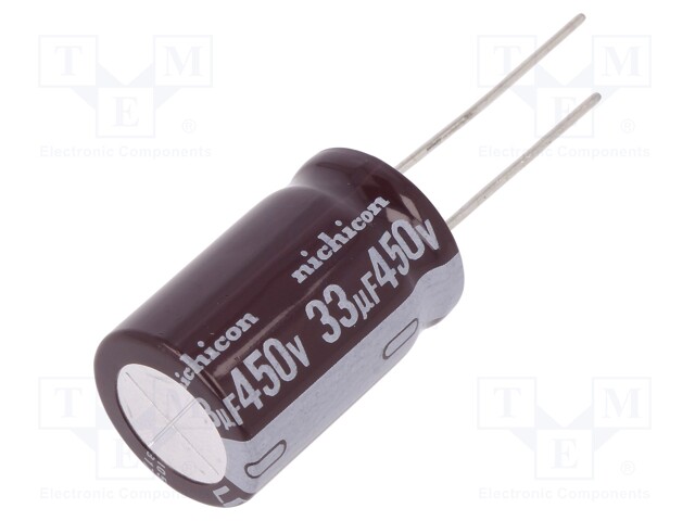 Capacitor: electrolytic; THT; 33uF; 450VDC; Ø16x25mm; Pitch: 7.5mm