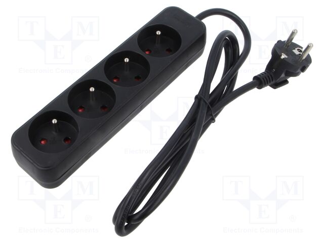 Extension lead; 3x1mm2; Sockets: 4; rubber; black; 1.5m; 10A