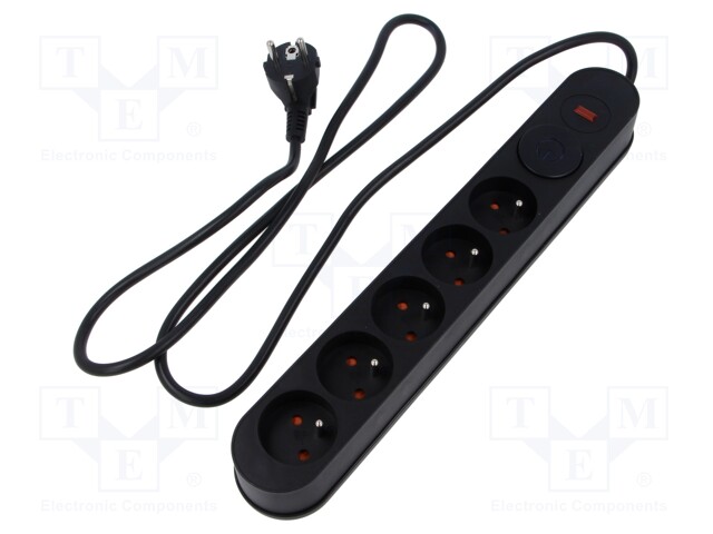Plug socket strip: protective; Sockets: 5; 230VAC; 10A; black; 5m