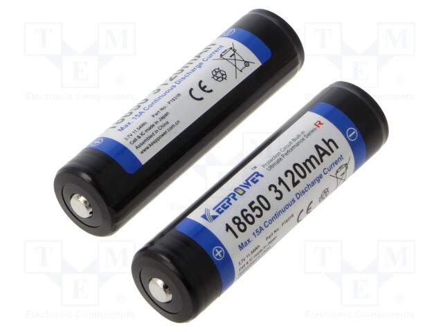 Re-battery: Li-Ion; 18650,MR18650; 3.7V; 3120mAh; Ø18.8x69mm; 15A