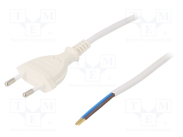 Cable; CEE 7/16 (C) plug,wires; 3m; white; PVC; 2x0,75mm2; 2.5A