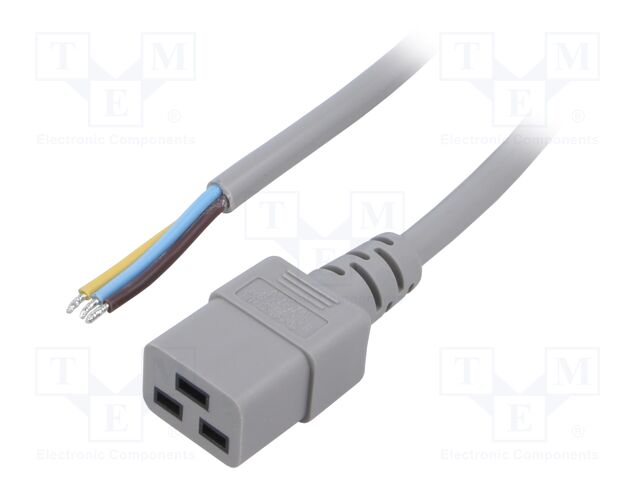 Cable; 3x1.5mm2; IEC C19 female,wires; PVC; Len: 1.8m; grey; 16A