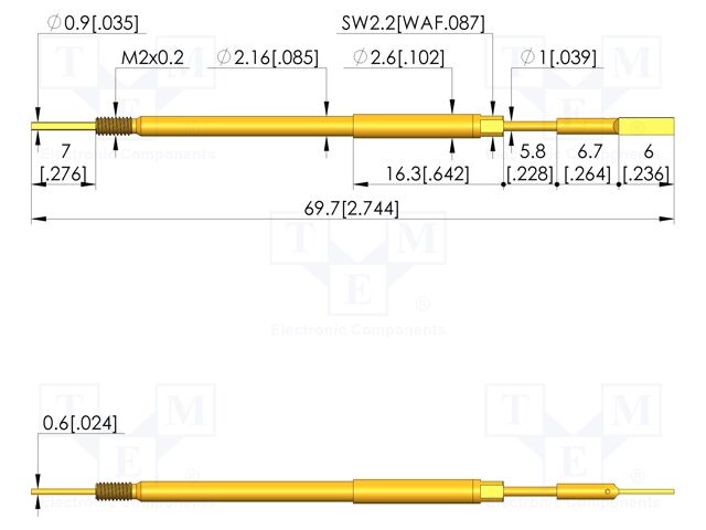 Test needle; Spring compression: 5mm; 5.5mm; 8A; steel; Ø: 1.9mm
