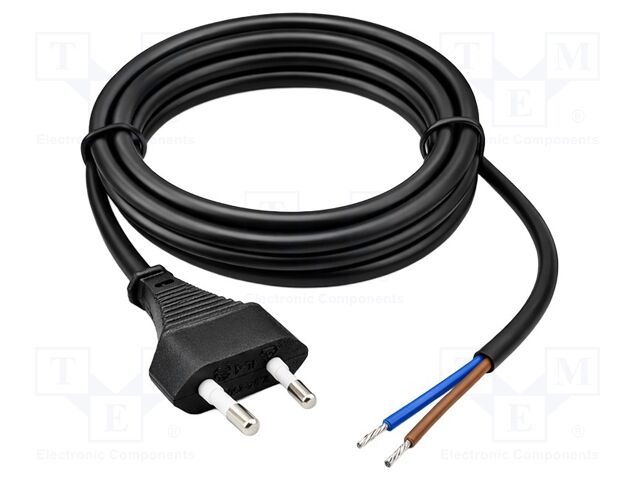 Cable; 2x0.75mm2; CEE 7/16 (C) plug,wires; PVC; 1.8m; black; 230V