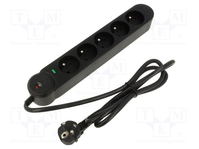 Plug socket strip: protective; Sockets: 5; 250VAC; 16A; black; 1.5m