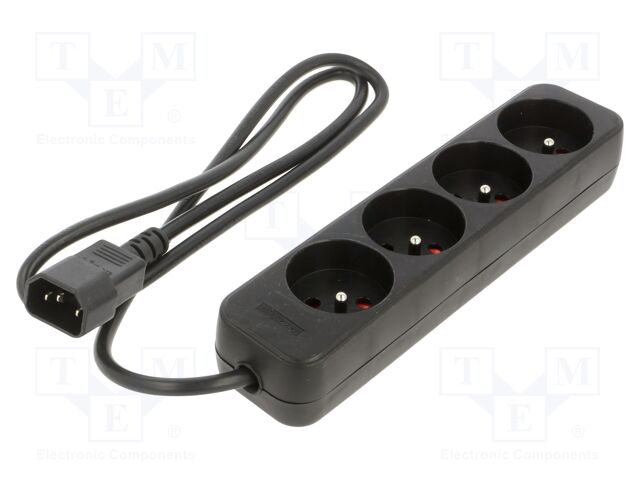 Extension lead; 3x1mm2; Sockets: 4; rubber; black; 1m; 10A