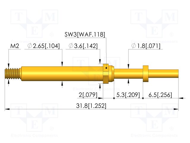 Test needle; Spring compression: 4mm; 5mm; 8A; CuBe; gold-plated