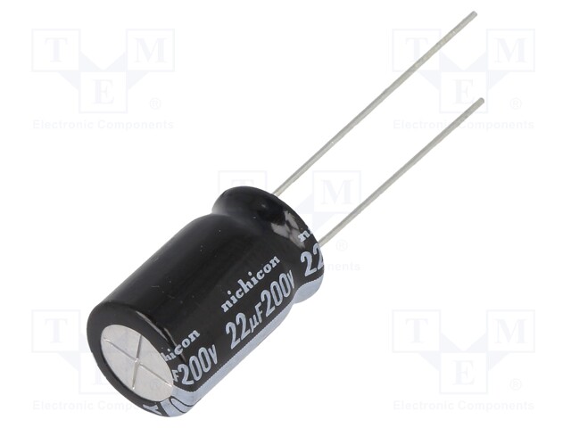 Capacitor: electrolytic; THT; 22uF; 200VDC; Ø10x16mm; Pitch: 5mm