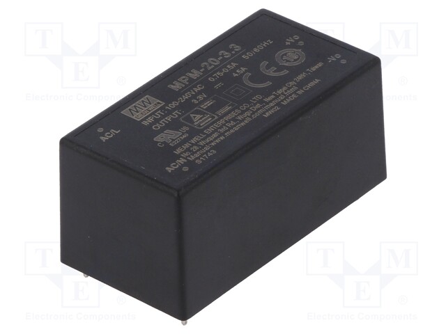Power supply: switched-mode; modular; 15W; 3.3VDC; 52.4x27.2x24mm
