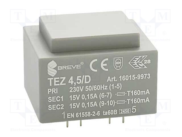 Transformer: encapsulated; 4.5VA; 230VAC; 15V; 15V; 150mA; 150mA