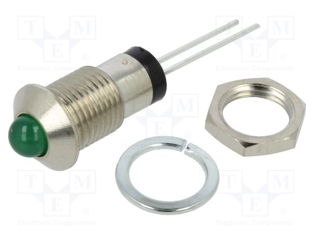 Indicator: LED; prominent; green; 2.1VDC; Ø8mm; MPC; metal; ØLED: 5mm