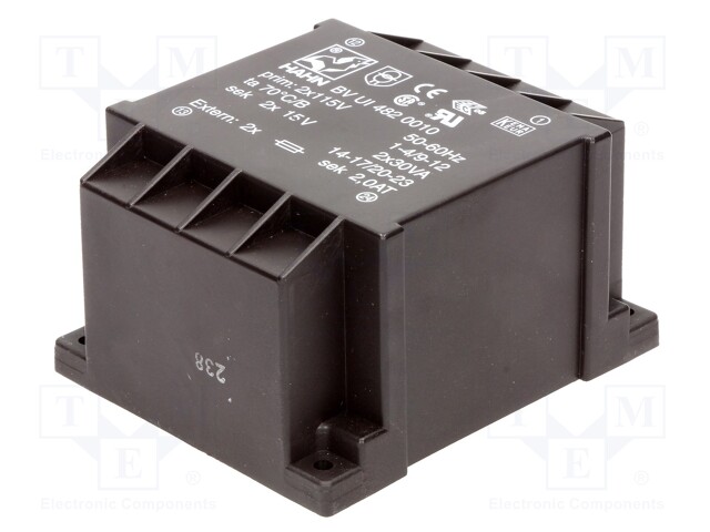 Transformer: encapsulated; 60VA; 115/115VAC; 15V; 15V; 2000mA