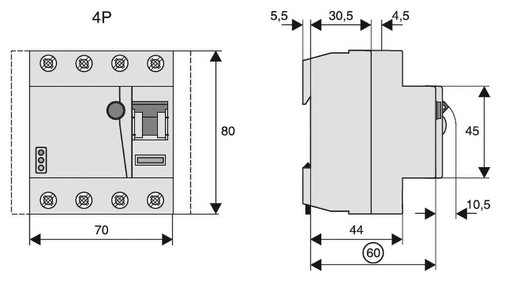 RCD breaker; Inom: 63A; Ires: 30mA; Max surge current: 3kA; Poles: 4