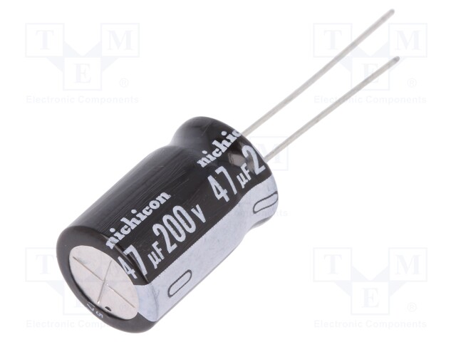 Capacitor: electrolytic; THT; 47uF; 200VDC; Ø12.5x20mm; Pitch: 5mm