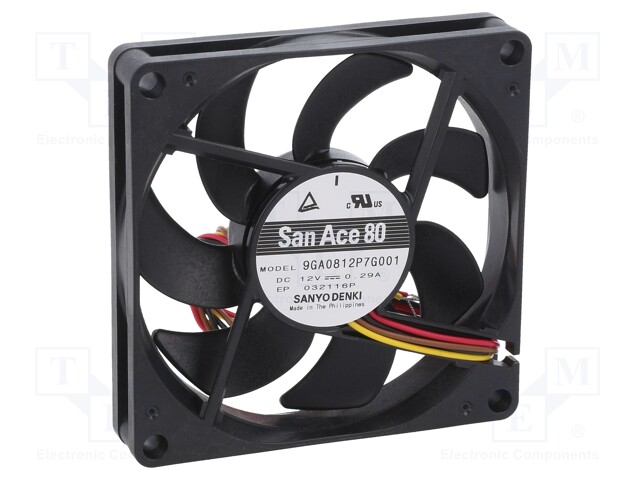Axial Fan, 12 V, DC, 80 mm, 15 mm, 50.9 cu.ft/min, 1.44 m³/min