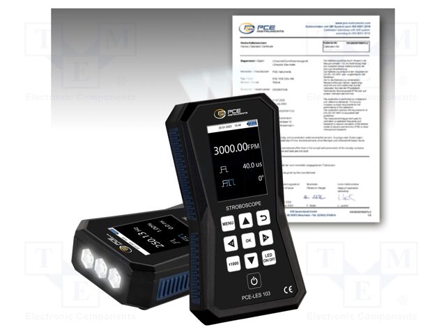 Meter: tachometer, LED stroboscope; Display: LCD 2,8"; IP52; 4.5h