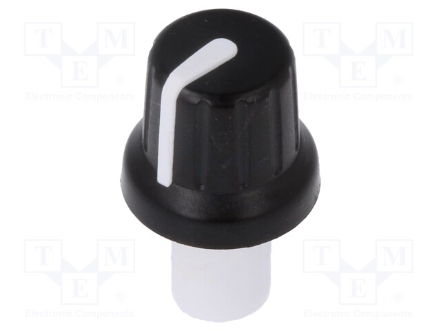 Knob; with pointer; ABS; Shaft d: 6mm; Ø16x14.4mm; black; push-in