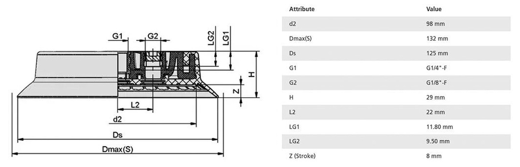 Suction cup; 125mm; 195g; G 1/4 F,G 1/8 F; Shore hardness: 60