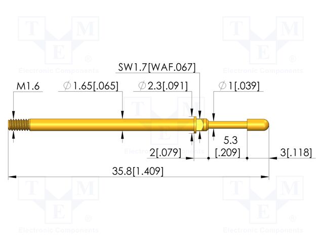 Test needle; Spring compression: 4mm; 5.3mm; 8A; CuBe; gold-plated